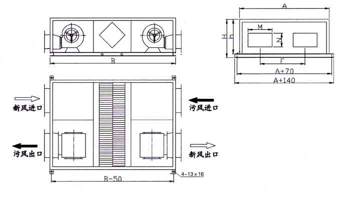 中型吊顶式新风换气机结构尺寸图